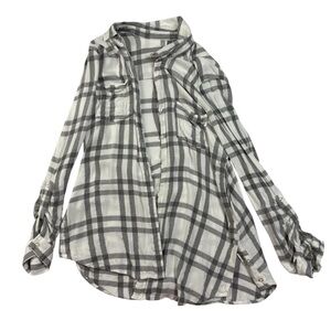 Brina & Em Button Down Shirt Women's Size L Gray White Plaid Metallic Rayon Top